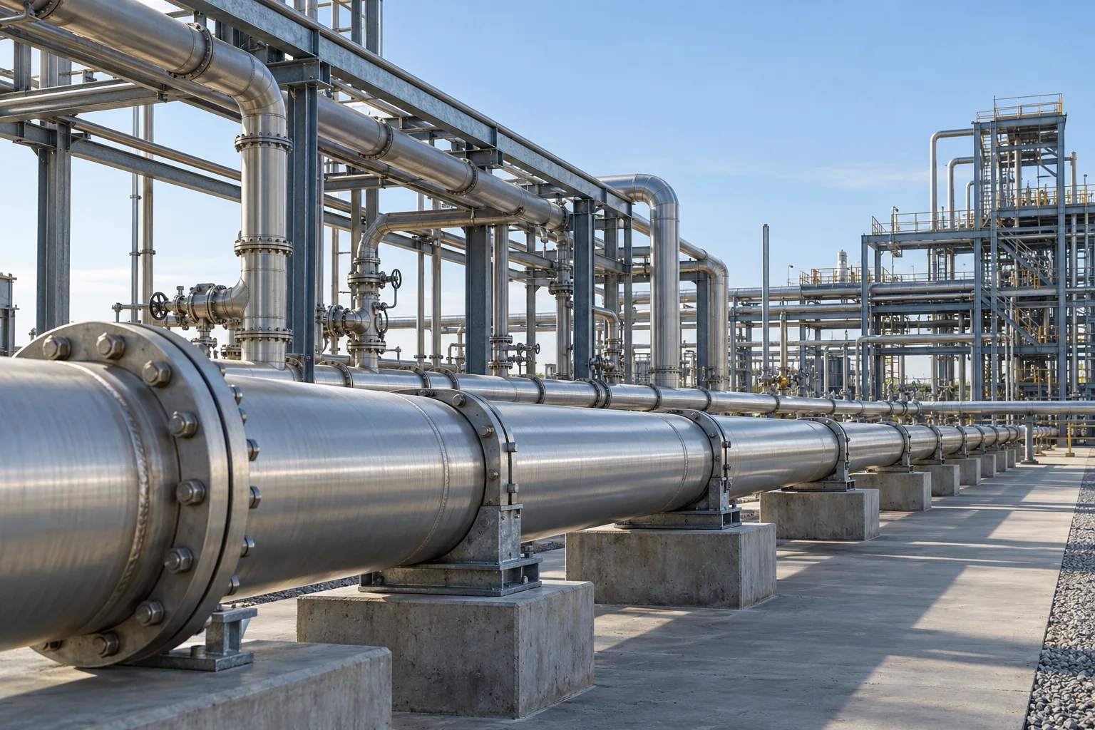 Illustrative steel process pipelines on concrete supports at an industrial facility