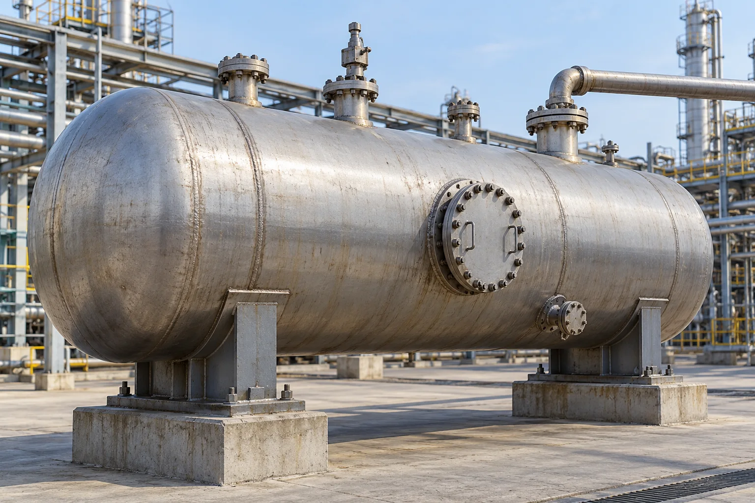 Illustrative horizontal process pressure vessel on two saddle supports, with welded shell, flanged nozzles and bolted manway