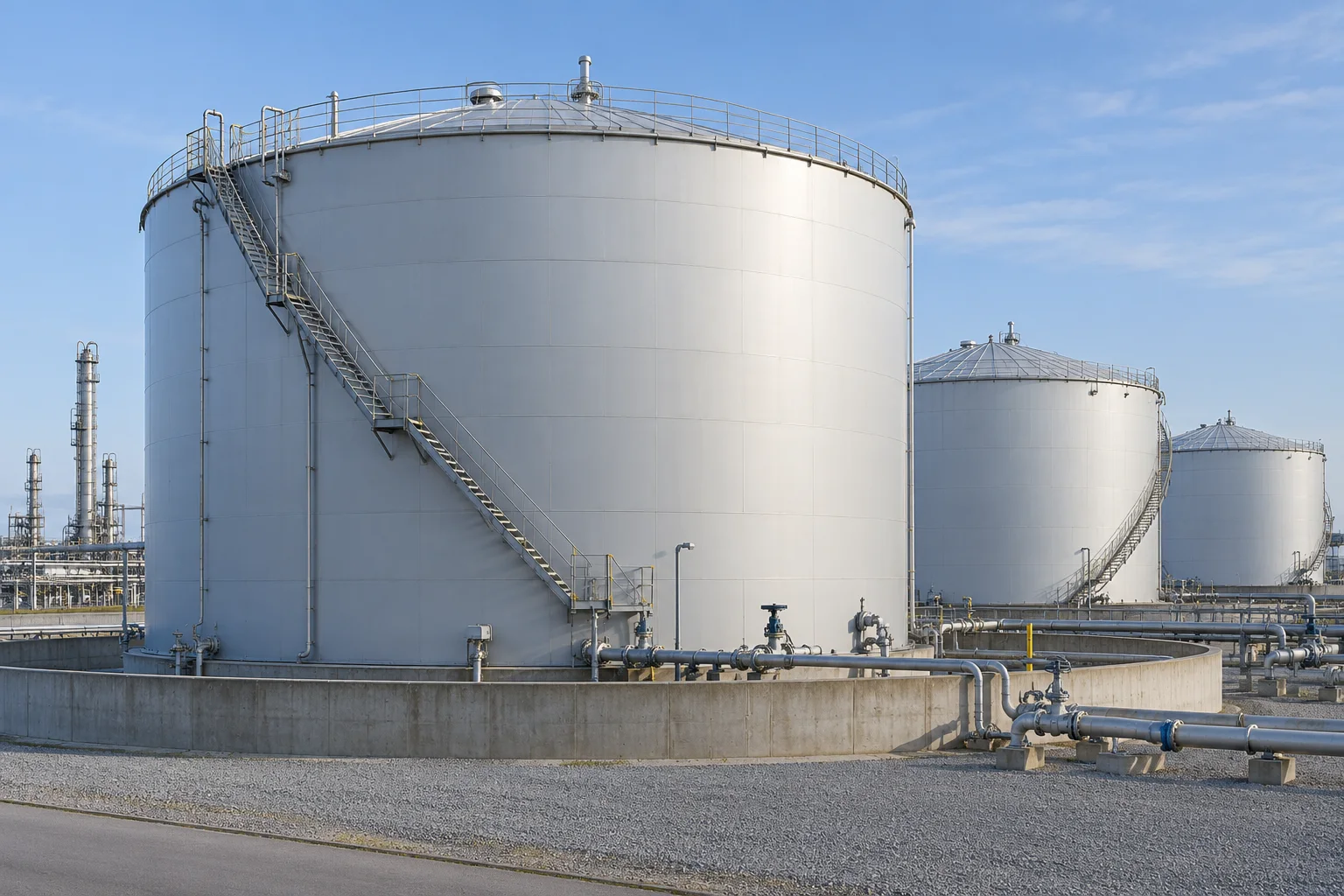 Illustrative petroleum tank farm with large welded-steel storage tanks, access stairs and containment bunds