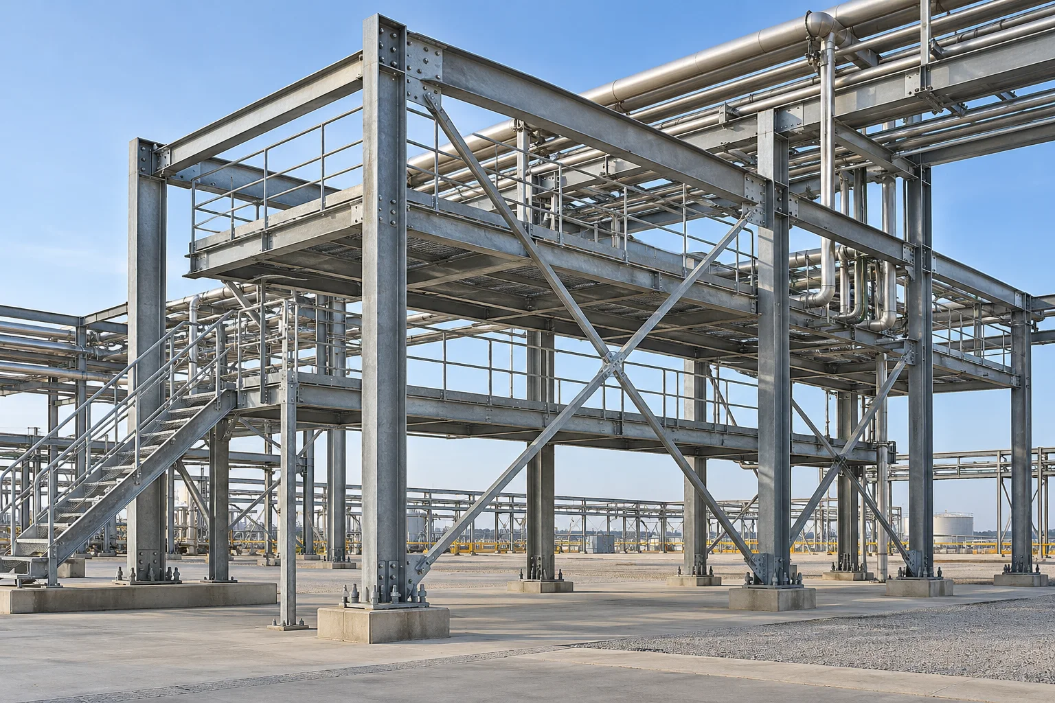 Illustrative industrial steel pipe rack with columns, cross-bracing, bolted beam connections and maintenance platforms